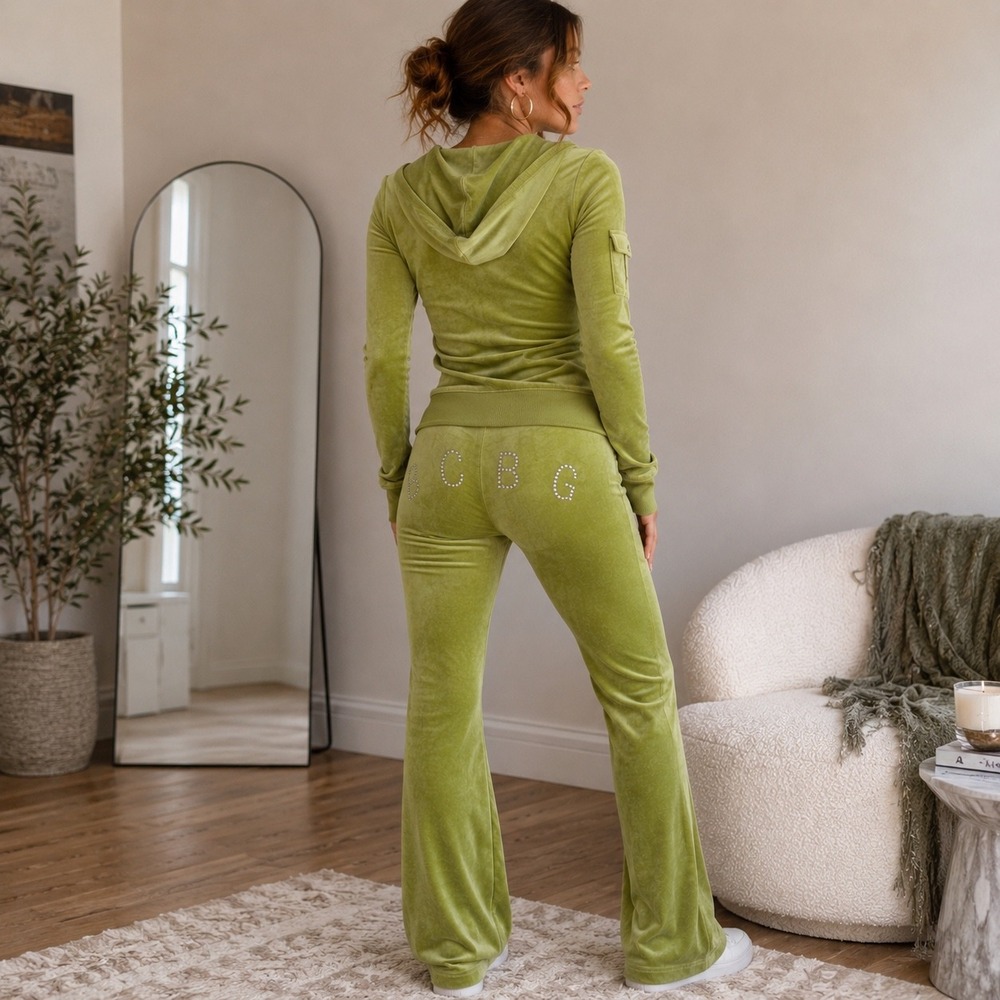BCBG Max Azria Vintage Y2K Green Velour Rhinestone Tracksuit Set Medium